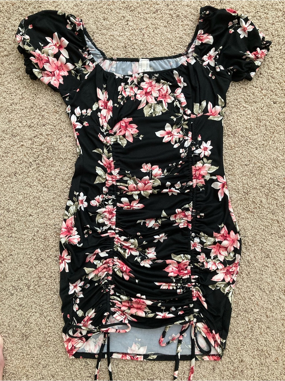 Bluebell Ruched Bodycon Black Dress with Pink Floral Print